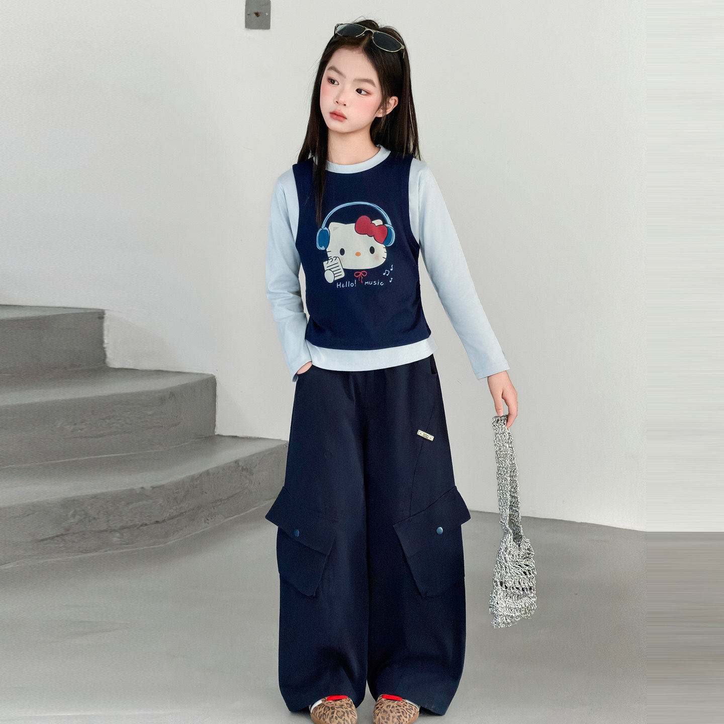 工装裤衣服女童大童洋气休闲儿童新款女孩2026两件套春秋套装春装