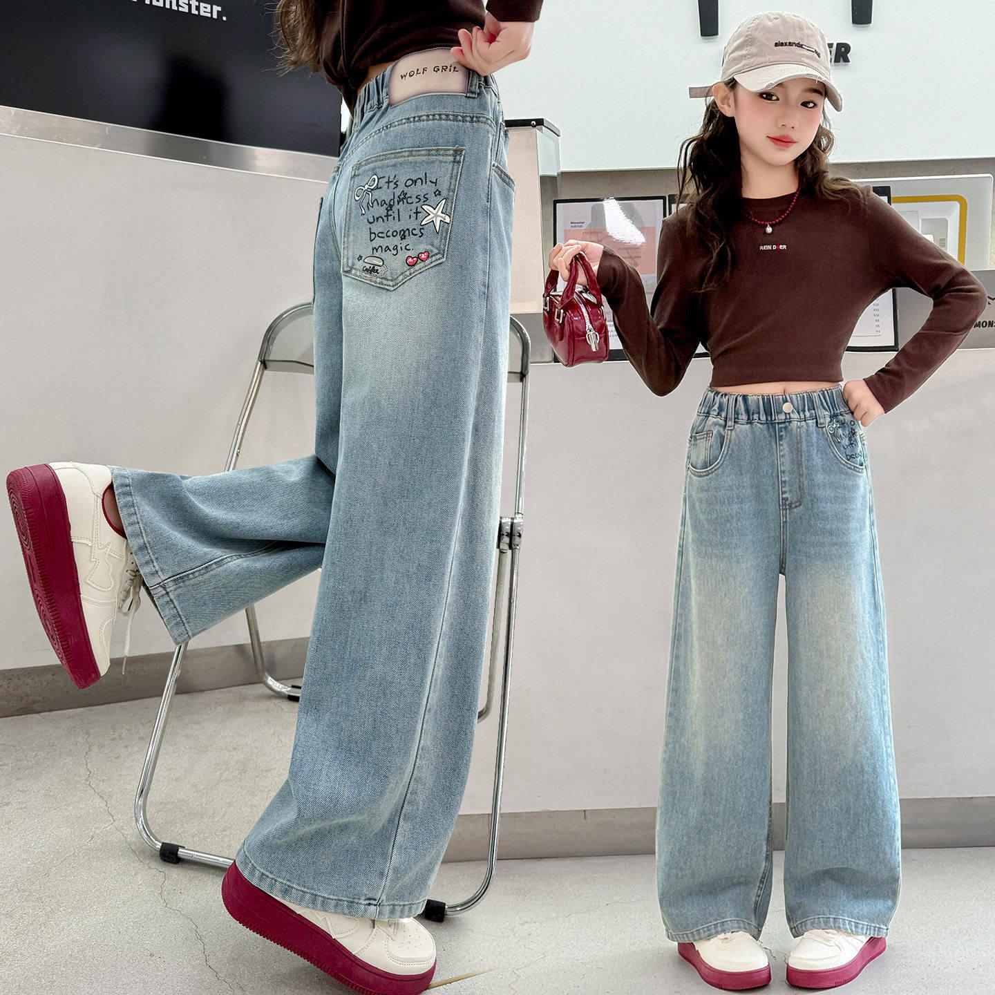 春装洋气字母女童儿童新款女孩中大童直2026阔腿裤牛仔裤春秋筒裤