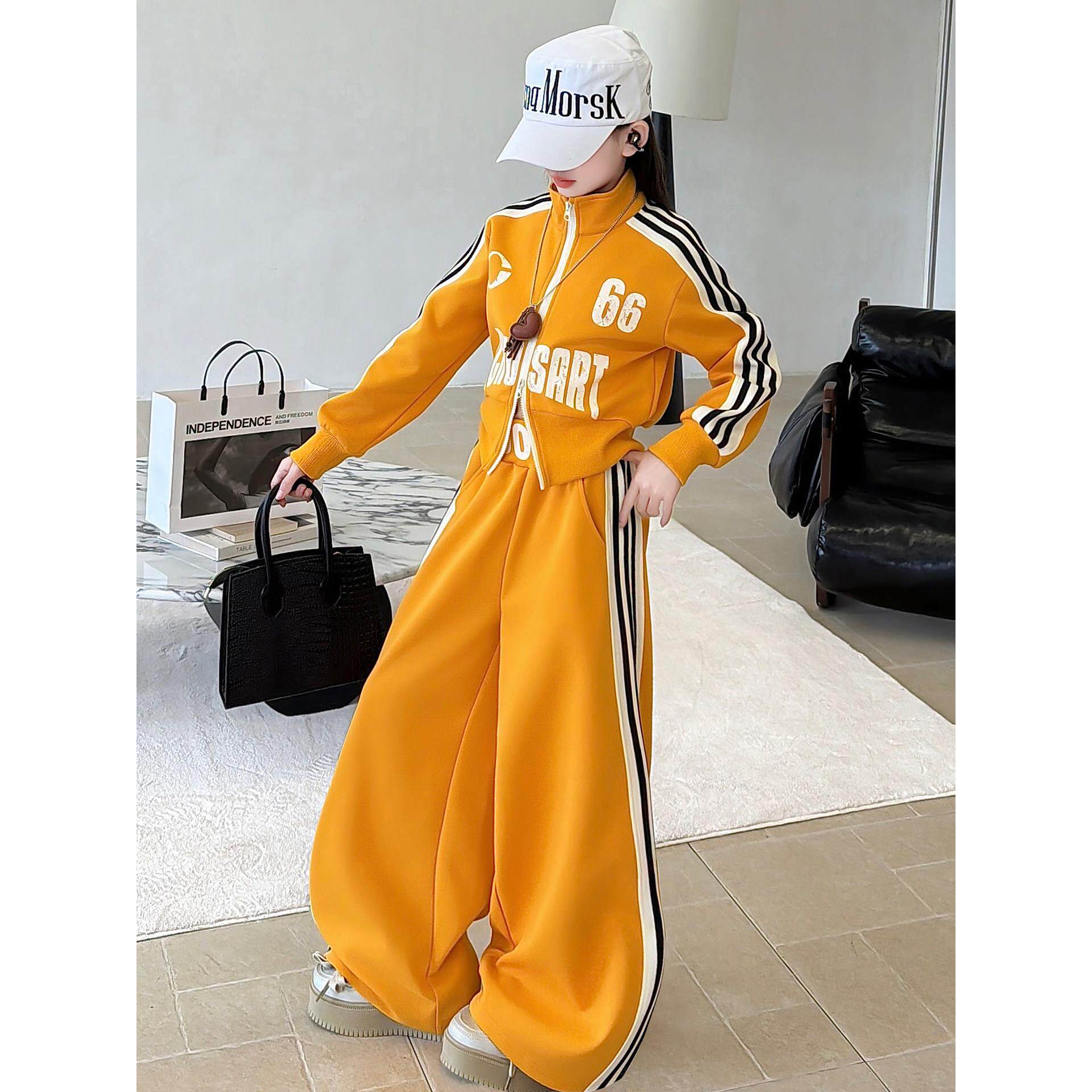 中大童套装字母女童新款洋气春秋运动风卫衣套装2026拼接腰头时尚