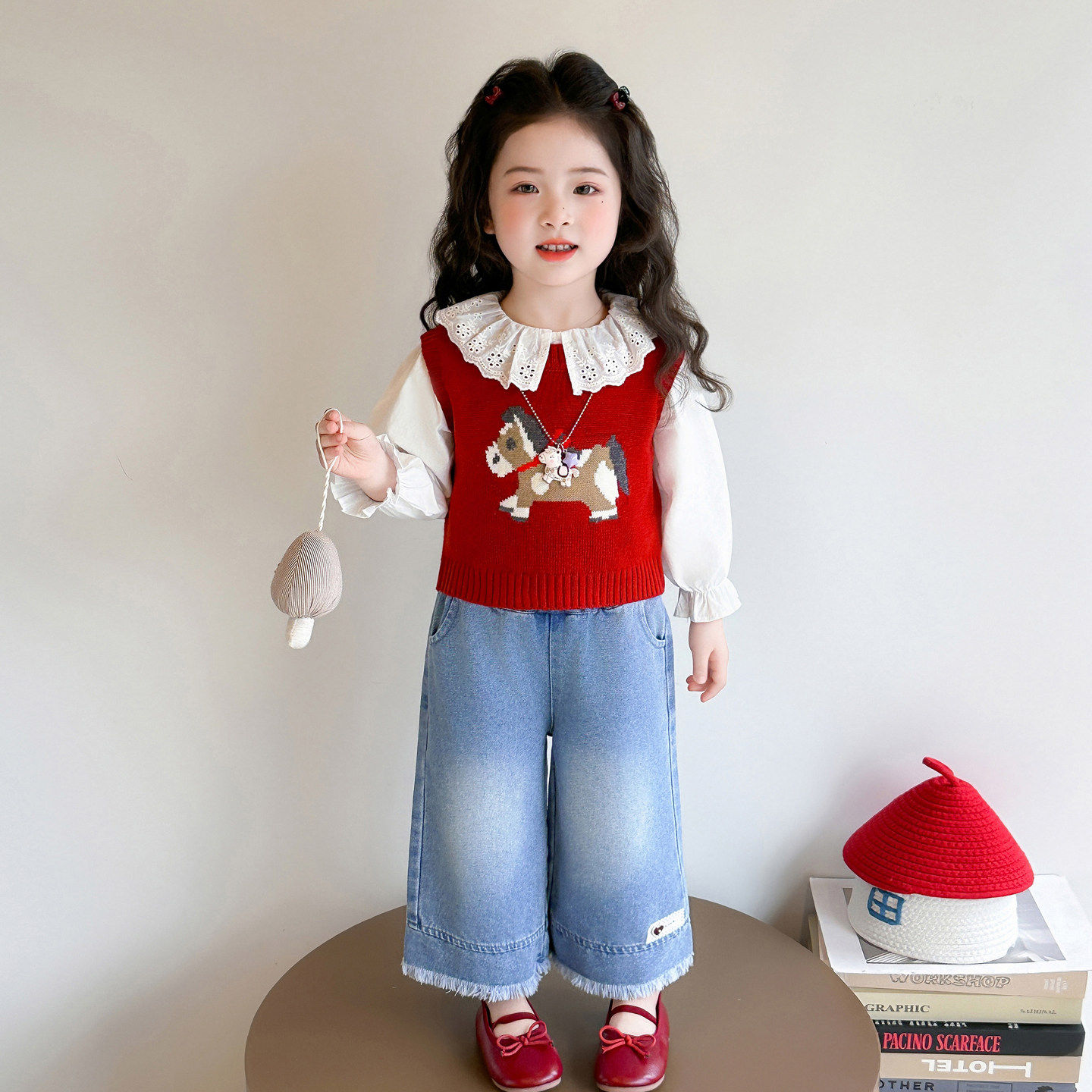 休闲新款两件套女套装2026洋气宝宝卡通时尚春季女童针织春装马甲