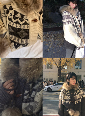 Mere 貉子毛领费尔岛羊毛毛衣女冬季宽松慵懒保暖复古外套