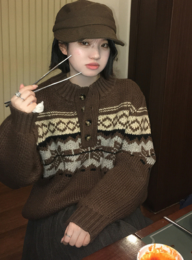 Mere  羊毛费尔岛复古亨利领毛衣女冬季加厚慵懒风宽松松弛感上衣