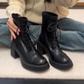 42码 厚底高跟马丁靴女气质百搭瘦瘦靴复古后拉链真皮短靴
