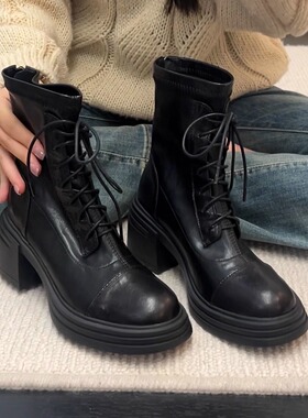 34-42码！厚底高跟马丁靴女气质百搭瘦瘦靴复古后拉链真皮短靴