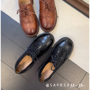 34-40码！水洗头层牛皮~复古风圆头雕花系带小皮鞋渐变厚底乐福鞋