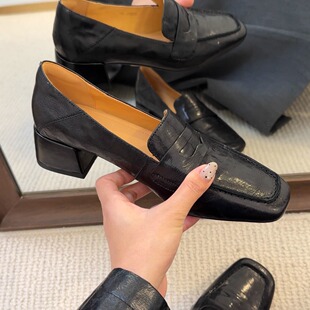 33-40码！头层羊皮~复古做旧英伦风小皮鞋粗跟懒人一脚蹬乐福鞋