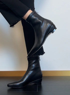 34-42码！弹力皮~尖头内增高瘦瘦靴显瘦高弹力短靴软底复古粗跟靴