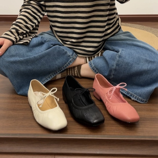 34-40码！羊皮~褶皱芭蕾平底鞋法式小单鞋浅口玛丽珍系带小皮鞋