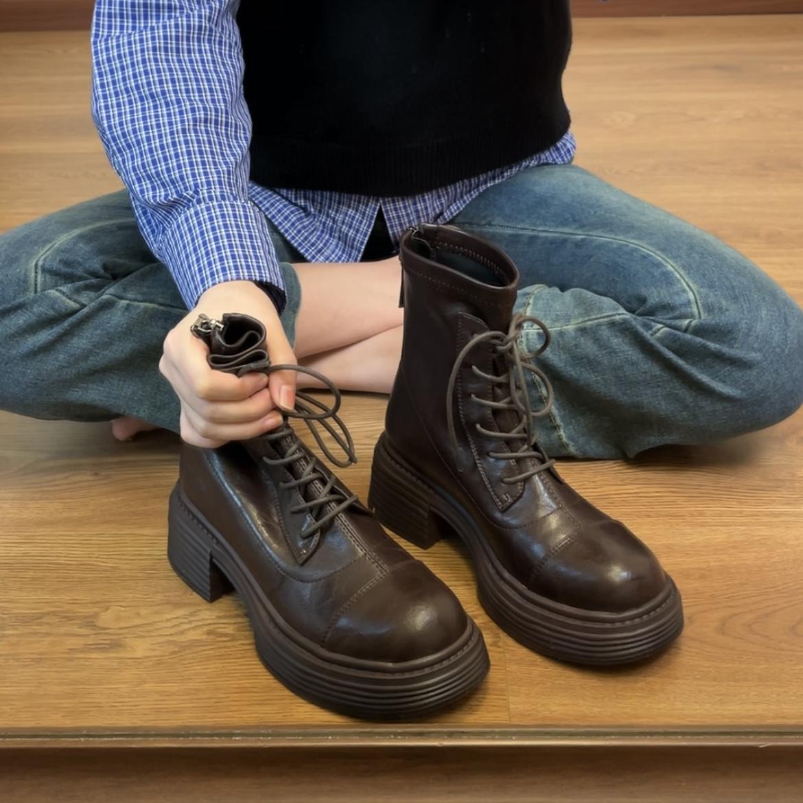 34-40码牛皮圆头系带厚底马丁靴