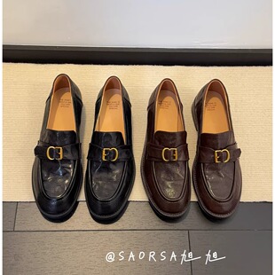 34-40码！牛皮~金属扣乐福鞋女复古英伦风一脚蹬粗跟通勤小皮鞋