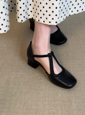 34-42码！羊皮~方头粗跟气质单鞋2025夏季女温柔包头凉鞋