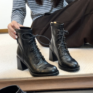高跟短靴女秋冬新款 头层羊皮 小个子粗跟厚底瘦瘦马丁靴 40码
