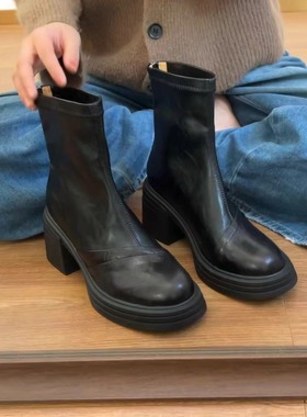34-42码！羊皮~粗跟短靴弹力瘦瘦靴秋冬靴子复古百搭女靴高跟靴子