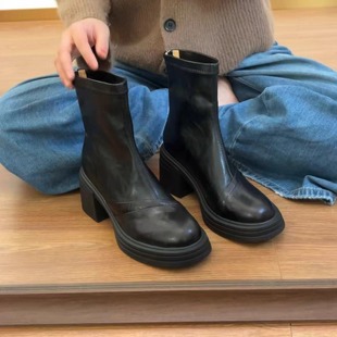 粗跟短靴弹力瘦瘦靴秋冬靴子复古百搭女靴高跟靴子 羊皮 42码