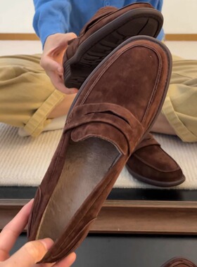 33-42码！羊反绒~复古英伦风乐福鞋女新款圆头绒面显瘦秋冬单鞋