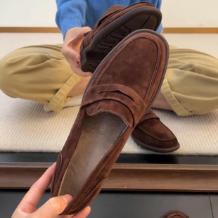 33-42码!羊反绒~复古英伦风乐福鞋女新款圆头绒面显瘦秋冬单鞋