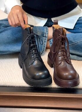 34-42码！高品质头层羊皮圆头厚底马丁靴女秋冬短靴小个子大头靴