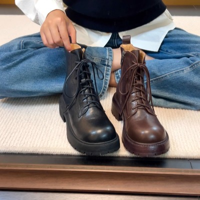 里外全真皮圆头厚底马丁靴女