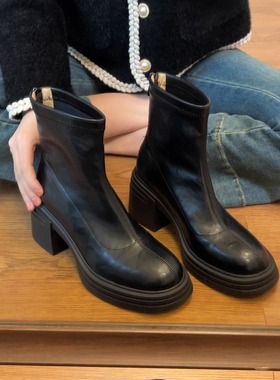 34-42大码！高质感新款粗跟短靴女增高显瘦秋冬弹力皮瘦瘦靴