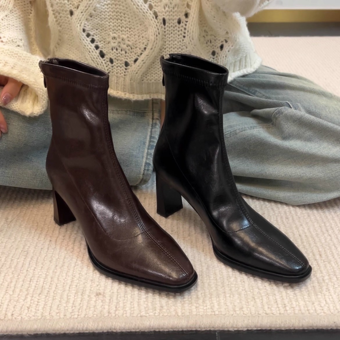 34-42码！弹力皮~复古小方头粗高跟瘦瘦靴通勤秋冬软底静音短靴