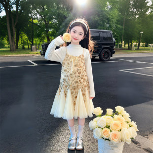 2026春秋季衫新款裙子套装裙吊带亮片公主儿童女童连衣裙女孩打底