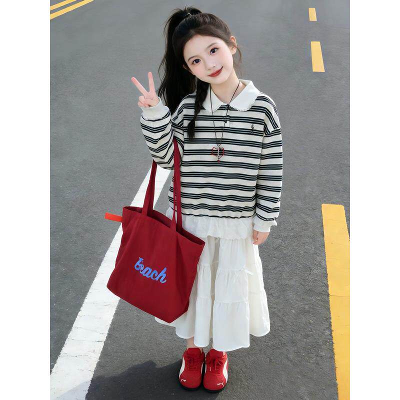 衫儿童春装新款打底长裙子衫2026半身裙卫衣套装polo白色女童条纹