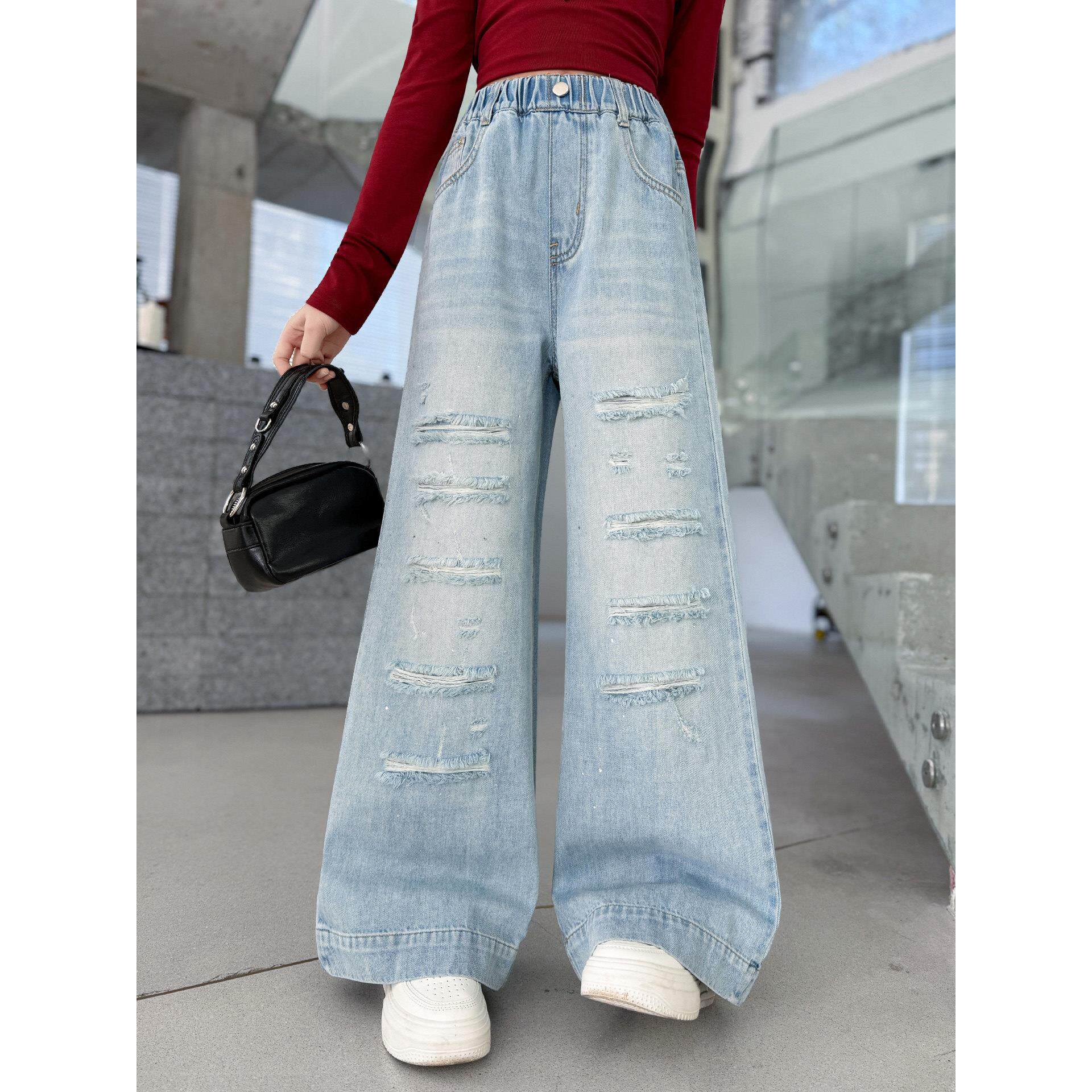 裤子时髦洋气窄版新款牛仔裤儿童潮流女童直筒破洞2026春秋阔腿裤