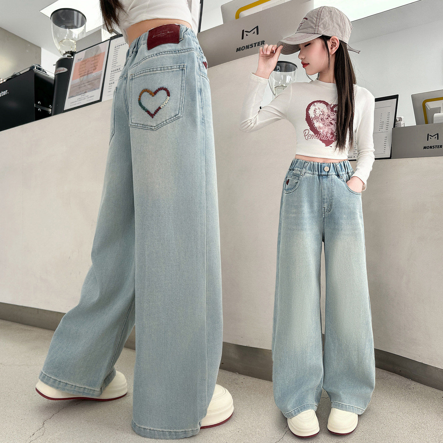 直筒阔腿裤2026浅色新款长裤中大童儿童春季女童女孩牛仔裤春秋装