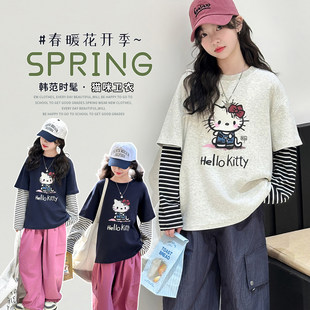 工装裤春装两件长袖超套装两件套假儿童2026大童T恤女童新款好看