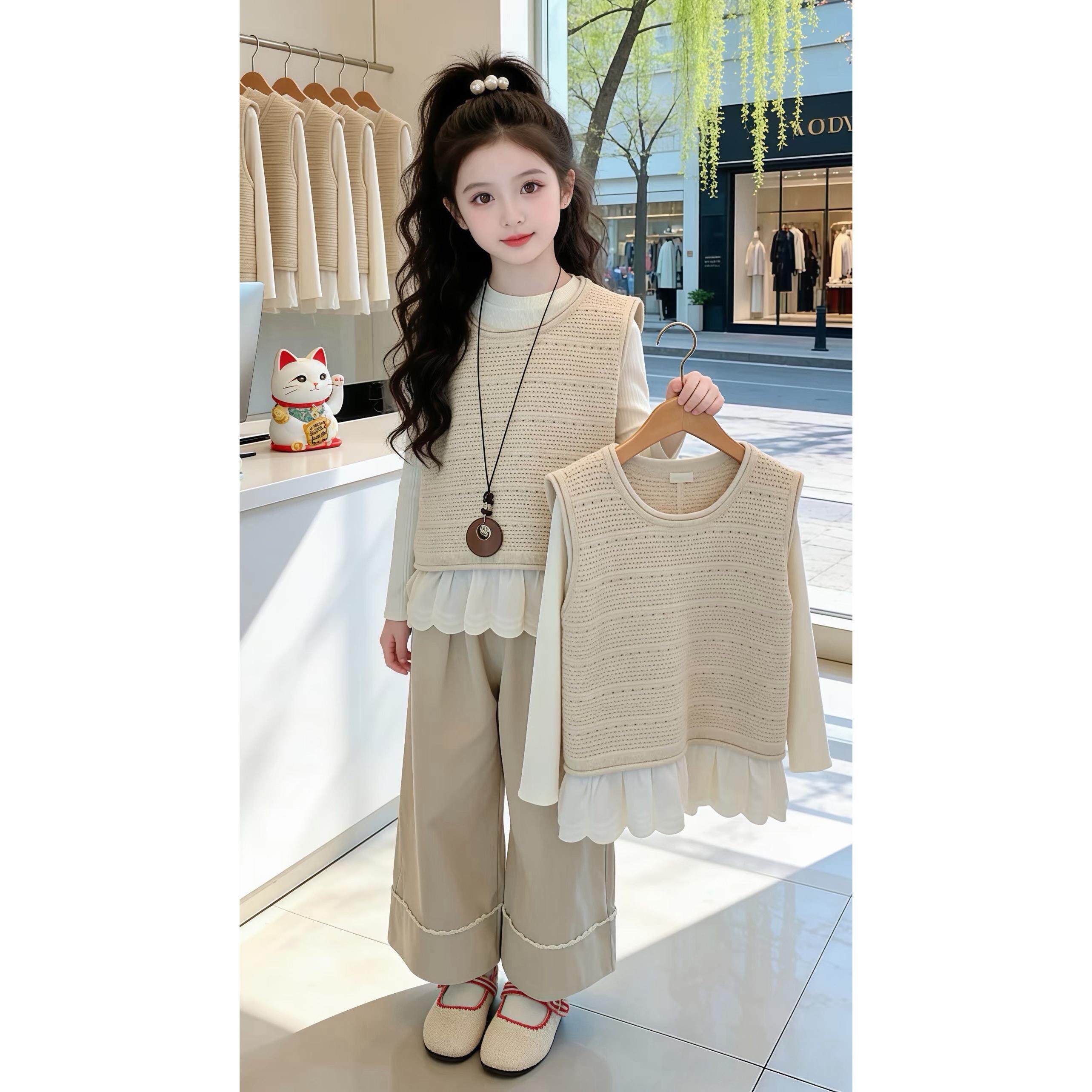 儿童阔三件套新款衫镂空裤针织2026女童套装洋气打底潮腿马甲春装