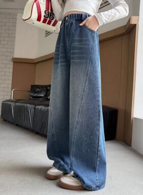 春装烫钻腿牛仔裤中阔大春秋季裤子直筒女童女孩2026宽松新款儿童