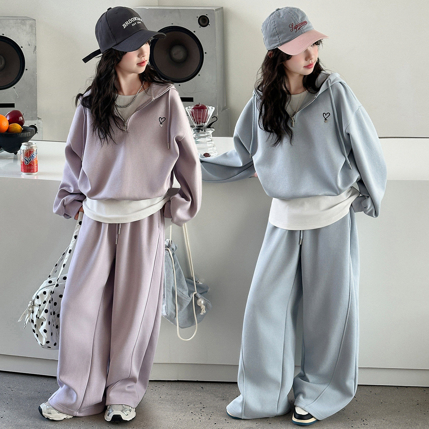 洋气2026卫衣阔裤腿大童三件套运动春秋春季套装女童儿童新款女孩