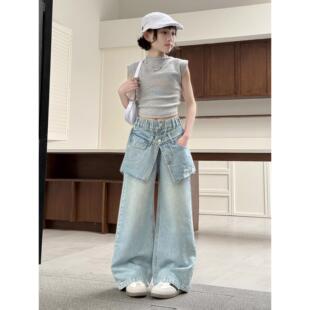 女童儿童牛仔裤春装韩版洋气中大童裤女孩2026破洞裤裙新款阔腿裤