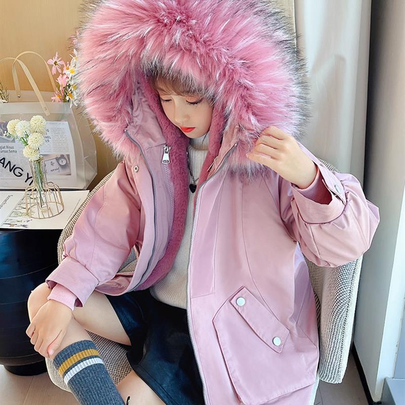 女童冬装派克服新款儿童粉色长款可拆卸内胆加厚棉服保暖装中棉服