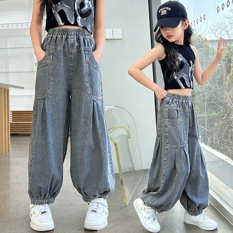 裤子女童新款洋派2025款儿童宽松女孩牛仔裤加绒休闲裤灯笼裤春秋