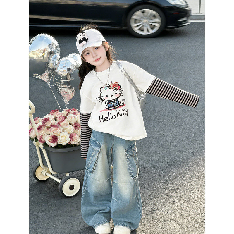 女童套装2026假儿童新款女大长袖牛仔T恤潮两件套春装两件工装裤