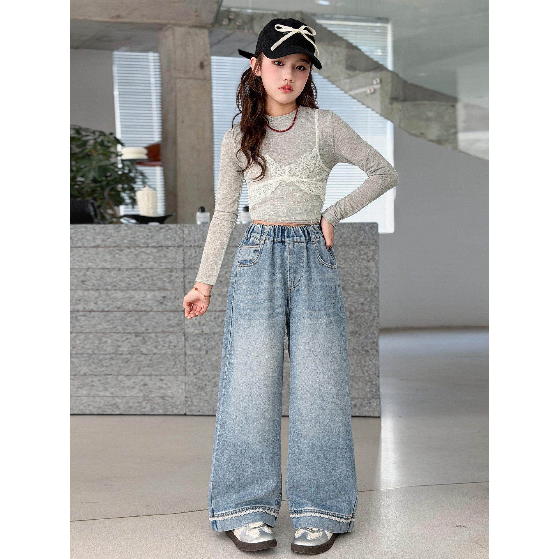 春秋阔腿裤中大童时尚版女孩新款2026裤子牛仔窄直筒长裤女童宽松