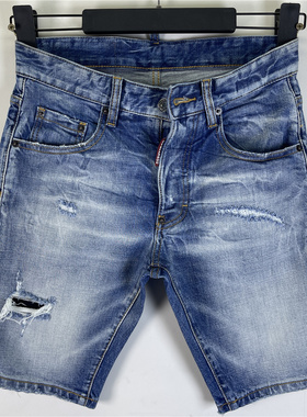 D608时尚简约新款欧美风时尚D2潮男水洗磨破洞蓝色牛仔短裤男