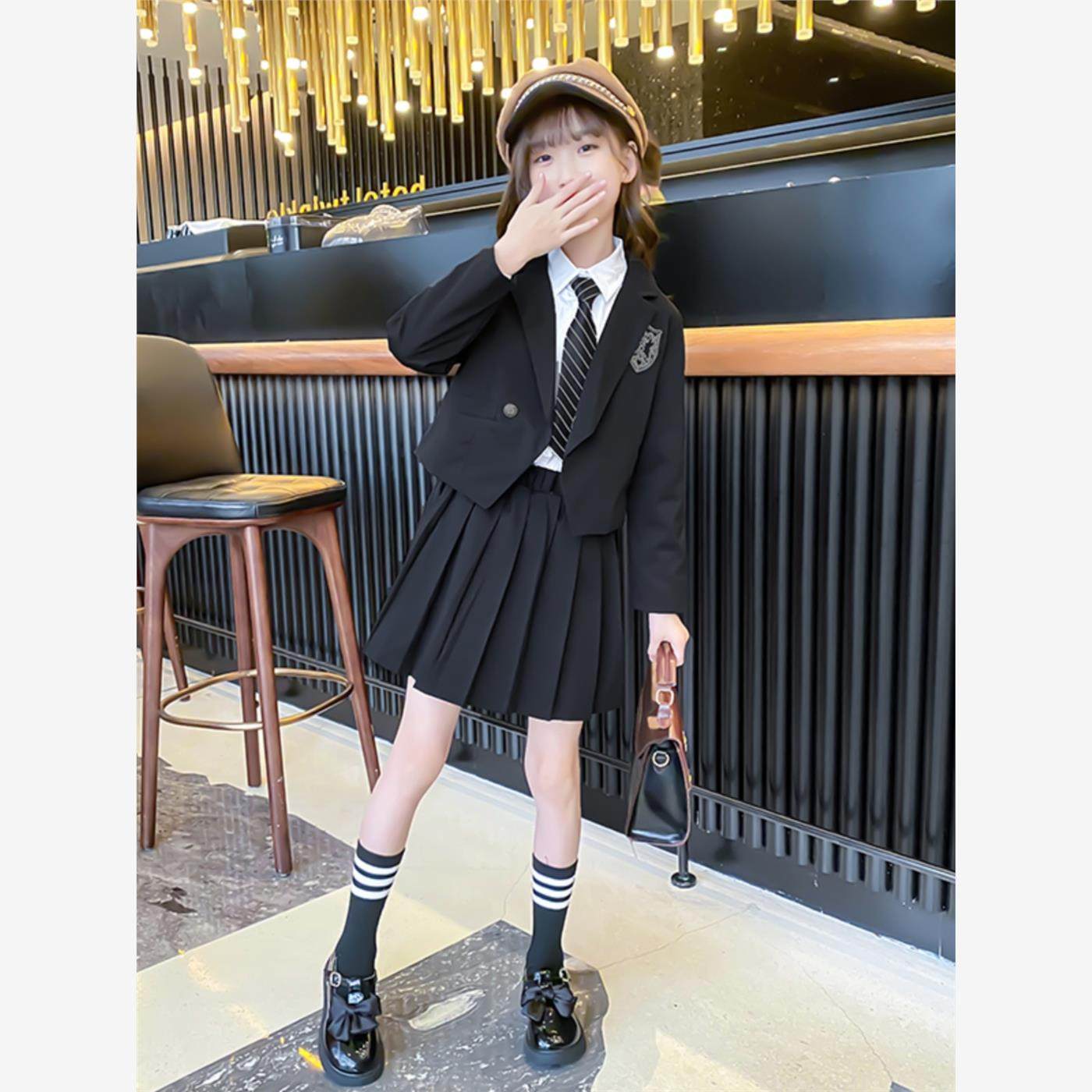 中大童西装三件套网红洋气小女童百褶短款长袖小西装外套jk制服装