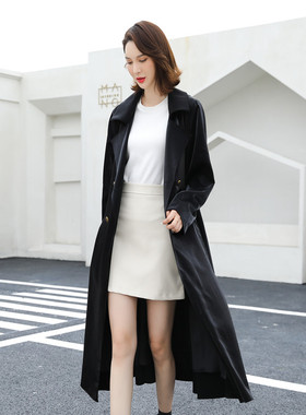 黑色风衣女2023春秋新款修身双排扣中长款过膝宽松缎面大裙摆外套