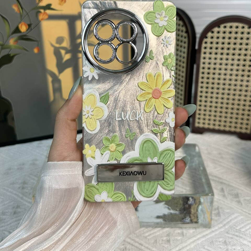 适用于一加ACE2精孔羽纱绿色油画花全包镜头手机壳