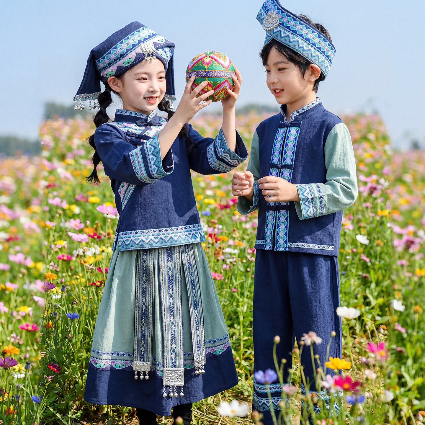三月三壮族服装儿童中长裙棉麻布料少数民族服饰苗族男女童瑶族