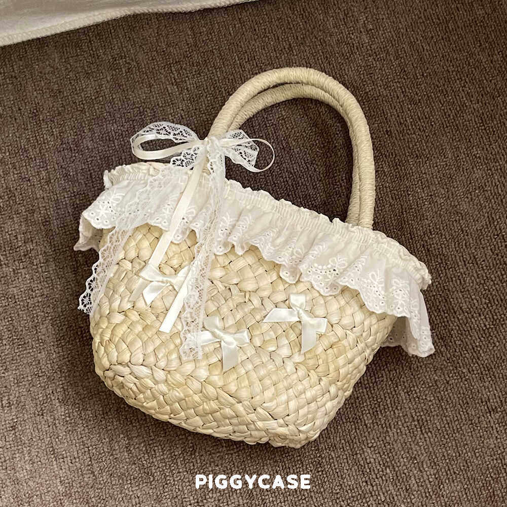 朱壳儿自制浪漫法式少女草编包蕾丝蝴蝶结菜篮子手作包包度假风