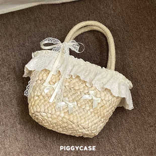 朱壳儿自制浪漫法式少女草编包蕾丝蝴蝶结菜篮子手作包包度假风