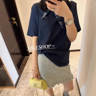 T恤女宽松显瘦口袋刺绣纯色百搭正肩上衣2025年夏 韩系配丝巾短袖