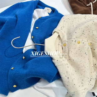 针织开衫 毛衣女早秋2025新款 基础百搭宽松显白宝蓝色圆领金扣长袖