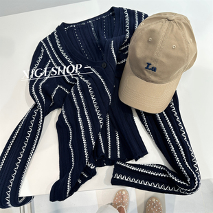 老钱风高级感气质V领条纹针织马夹女复古撞色长袖 两件套早秋 开衫