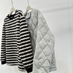 韩系圈圈绒感条纹卫衣女宽松百搭显瘦撞色休闲圆领套头打底上衣冬