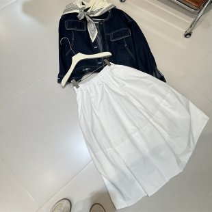 白色拼接立体剪裁花苞裙女松紧腰A字法式 宽松松弛感纯棉中长伞裙