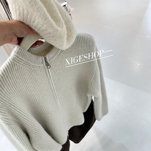 韩系坑条上下双拉链毛衣开衫女秋厚实软糯灰色小立领休闲针织外套
